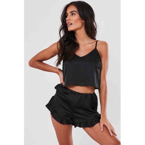 Merry See Saten Şortlu Pijama Takım Siyah