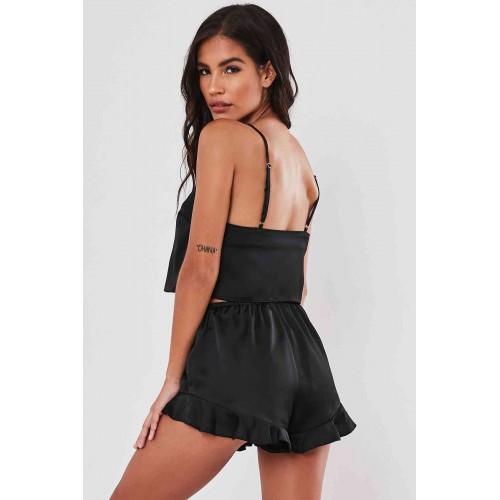 Merry See Saten Şortlu Pijama Takım Siyah