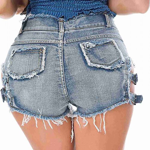 Merry See Yan Dekolte Detaylı Denim Kot Şort Mavi