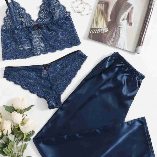 Merry See Dantel Sütyen Külot Saten Pijama Alt 3 lü Takım Lacivert