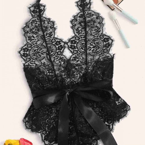 Merry See Belden Kuşaklı Babydoll Gecelik Body Siyah