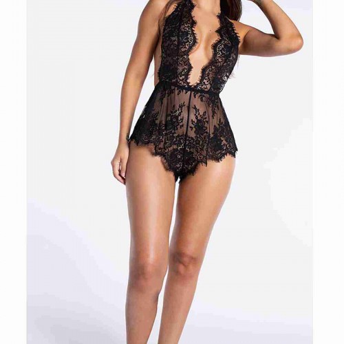 Merry See Şık Dantelli Gecelik Babydoll Bodysuit Tulum Siyah