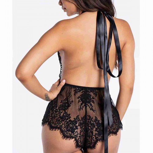 Merry See Şık Dantelli Gecelik Babydoll Bodysuit Tulum Siyah
