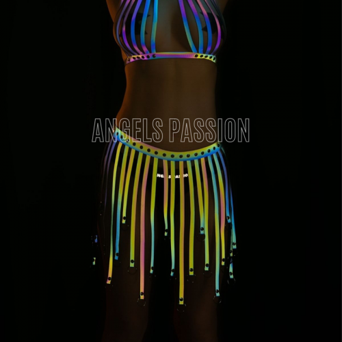 Püsküllü Renkli Reflektörlü Fantezi Elbise - Sexy Harness İç Giyim - APFT584