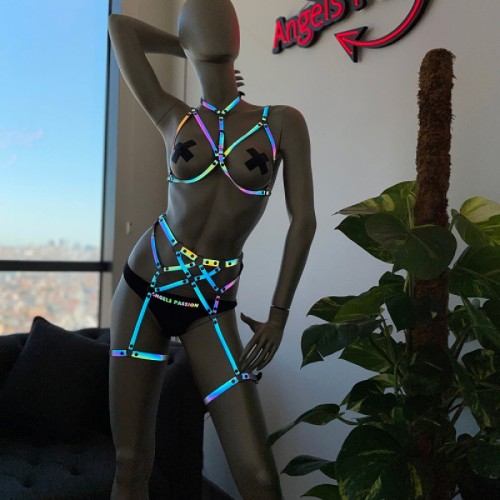Reflektörlü İç Giyim Fantazi Harness Jartiyer Takım