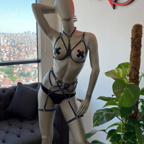 Reflektörlü İç Giyim Fantazi Harness Jartiyer Takım