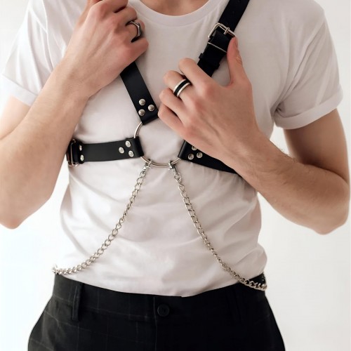 Şık Zincir Detaylı Deri Erkek Göğüs Harness - APFTM95