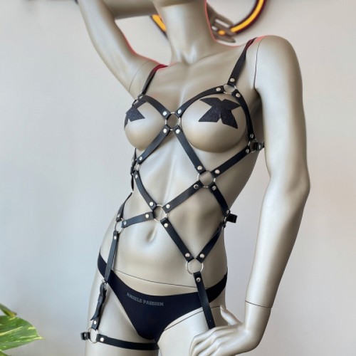 Siyah Deri Jartiyer Vücut Harness