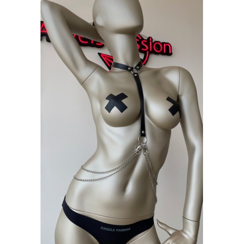 Siyah Deri Boyun Bel Zincirli Harness