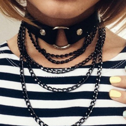 Siyah Zincir Detaylı Deri Choker - APFT664