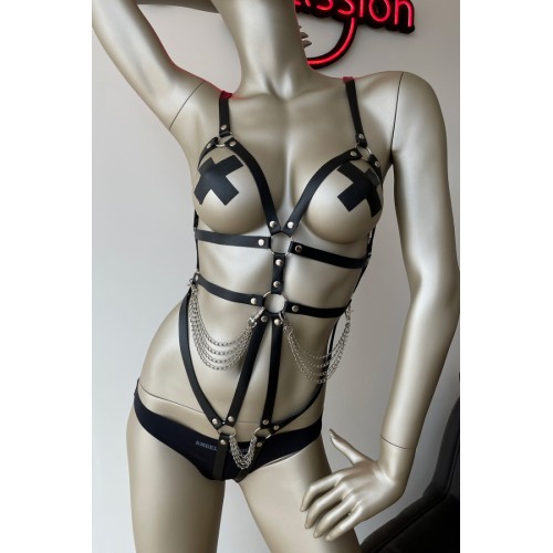 Zincir Detaylı Siyah Deri Body Harness