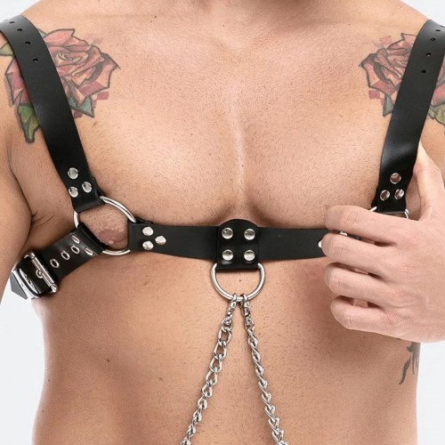 Zincir Detaylı Şık Erkek Deri Bulldog Göğüs Harness - APFTM91