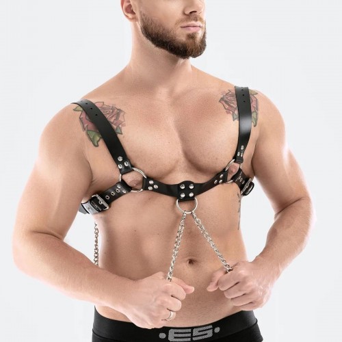 Zincir Detaylı Şık Erkek Deri Bulldog Göğüs Harness - APFTM91