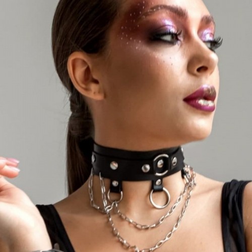 Zincir ve Halka Detaylı Şık Deri Choker Tasma Boyunluk Aksesuarı APFT654