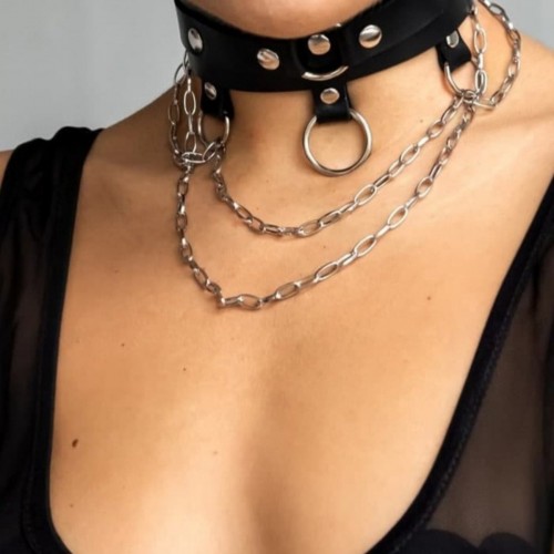 Zincir ve Halka Detaylı Şık Deri Choker Tasma Boyunluk Aksesuarı APFT654