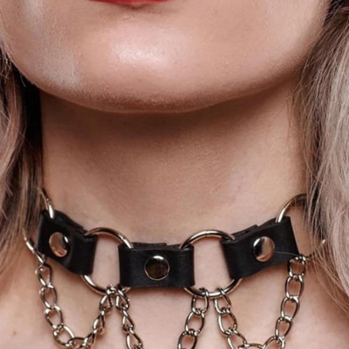 Zincir Ve Halka Detaylı Deri Choker Tasma Boyunluk Aksesuar - APFT662