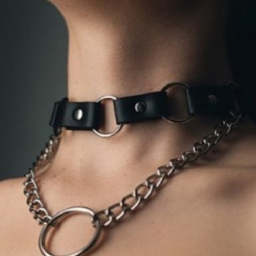 Zincir Ve Halka Detaylı Şık Deri Choker - APFT665