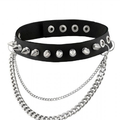 Zincirli Deri Choker Çivili Tasma -  APFT992